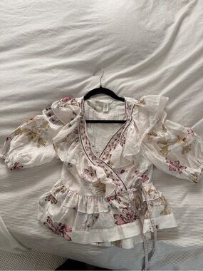 H&M linen Floral Ruffle Wrap Top